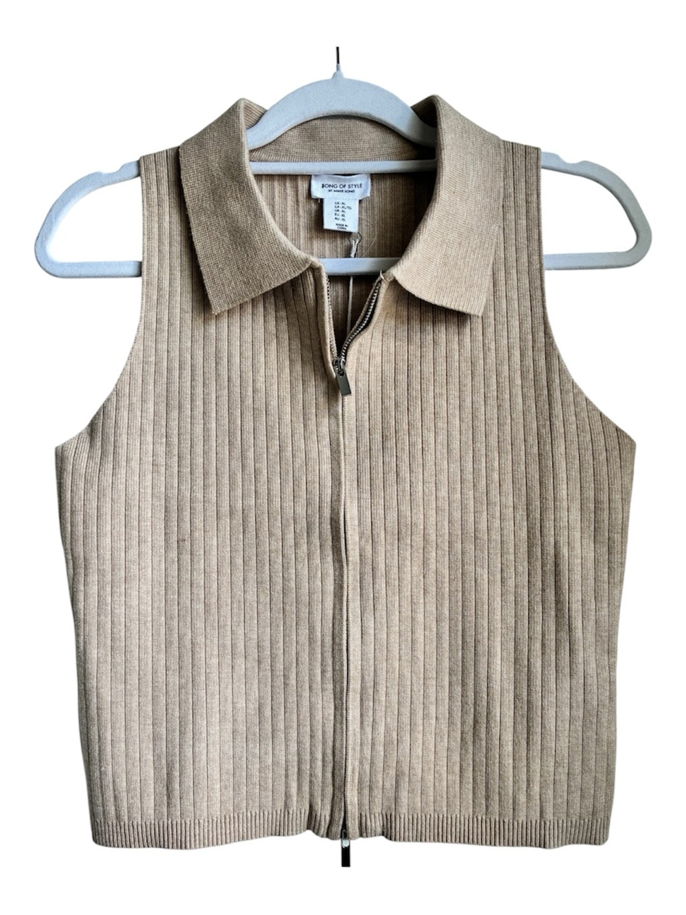 Song Of Style Beige Ribbed Zip-Front Sleeveless Sweater Vest